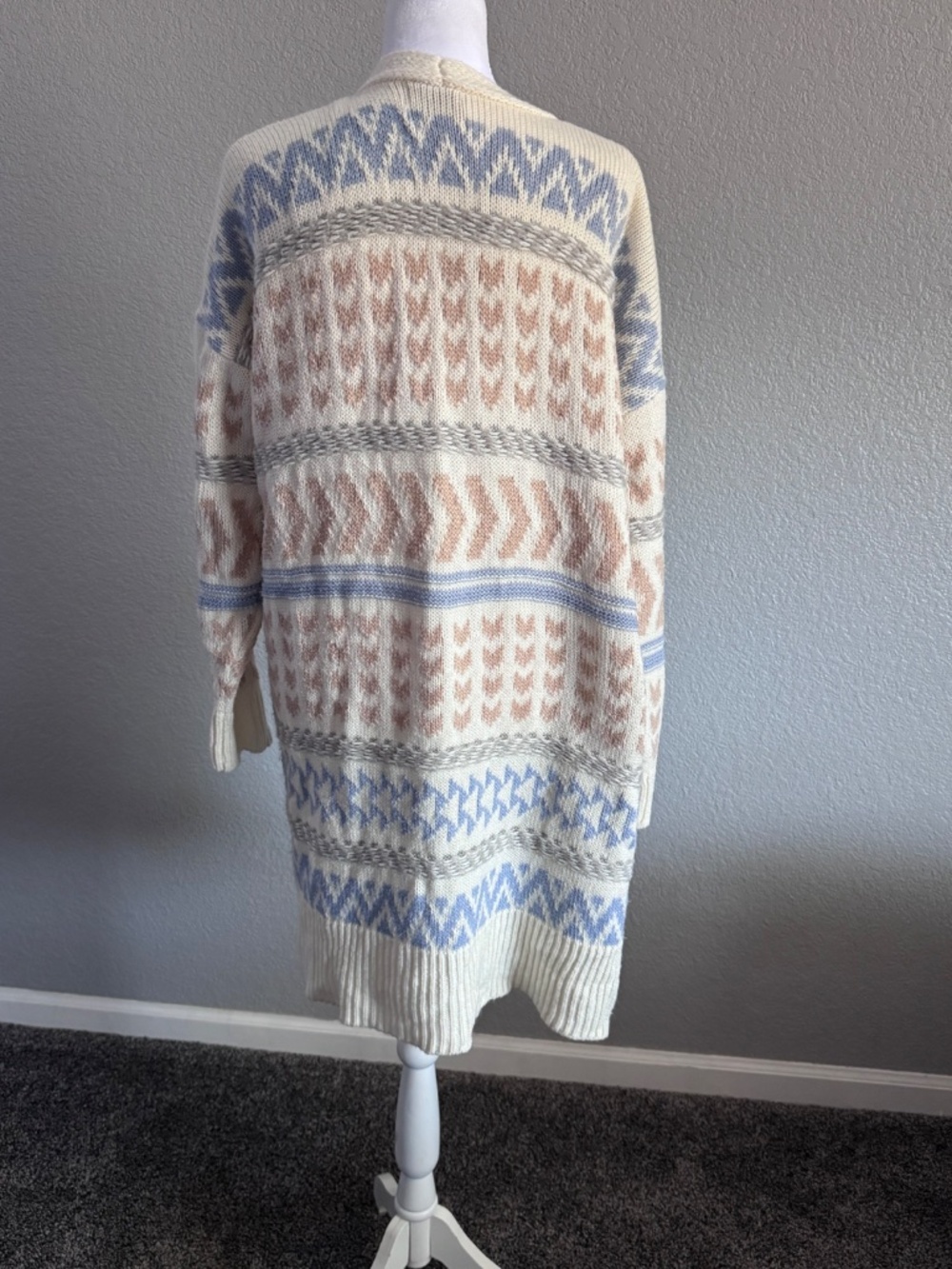 Pink Rose Aztec Geometric Open Front Cardigan Sweater Boho Duster Pockets XL - Picture 4 of 9